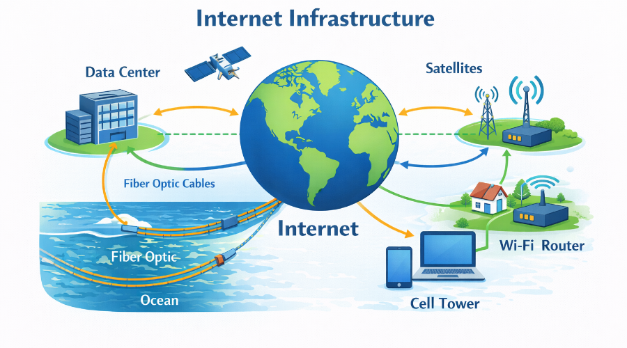 how the internet physically exists cables data centers